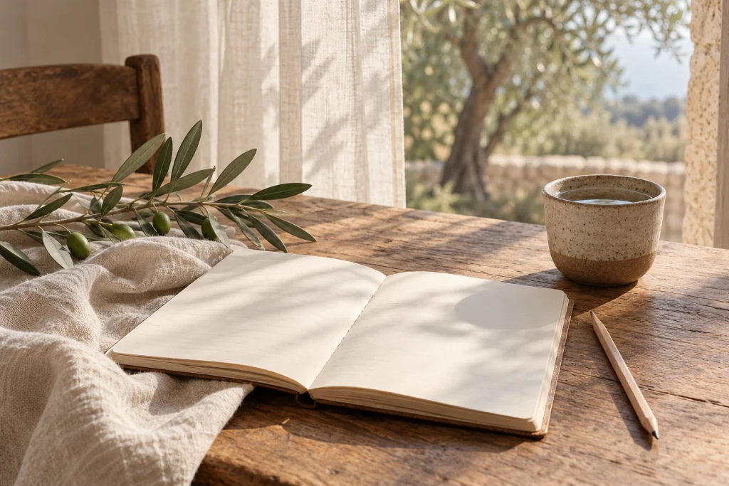 Escena de ambiente creada para Sandhāna: cuaderno, agua y una rama de olivo.